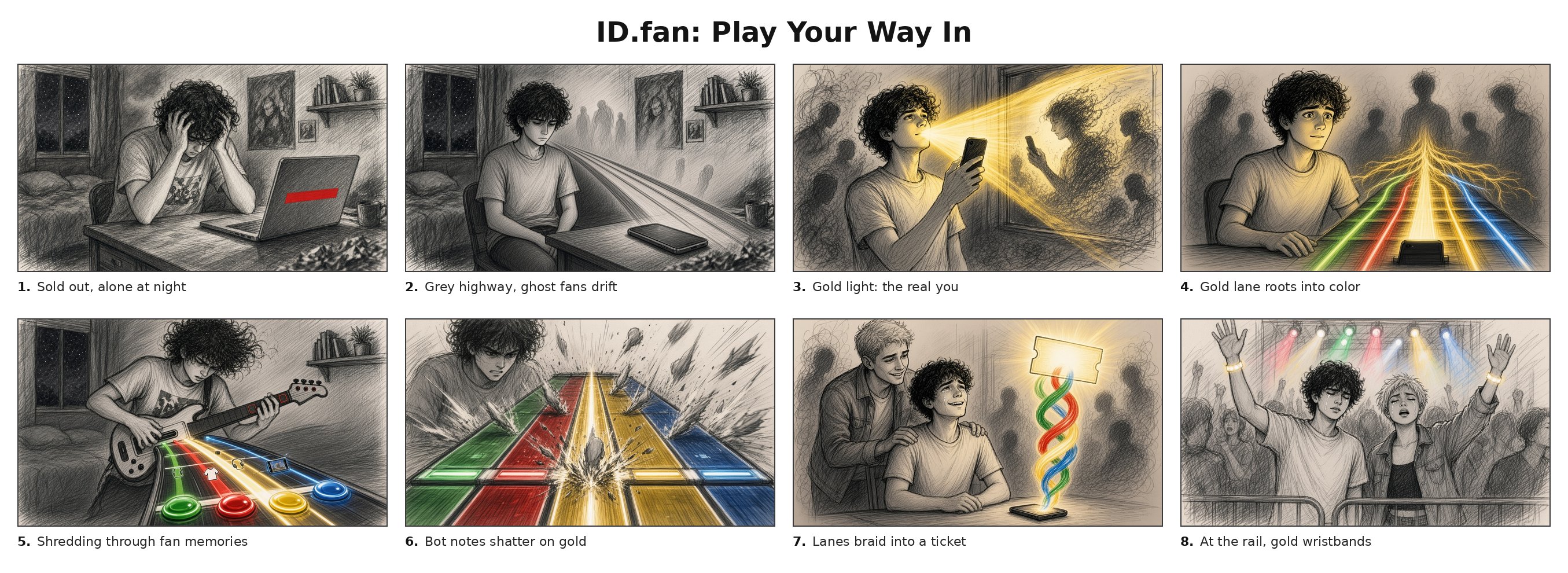 Eight-panel pencil storyboard for Version A
